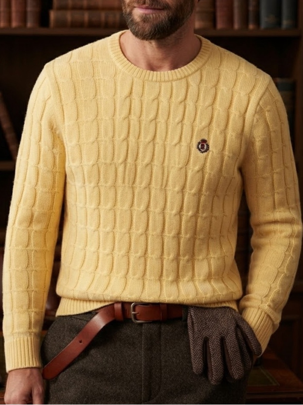 Vintage Chaps Ralph Lauren Yellow Cable Knit Crewneck Sweater Size Medium